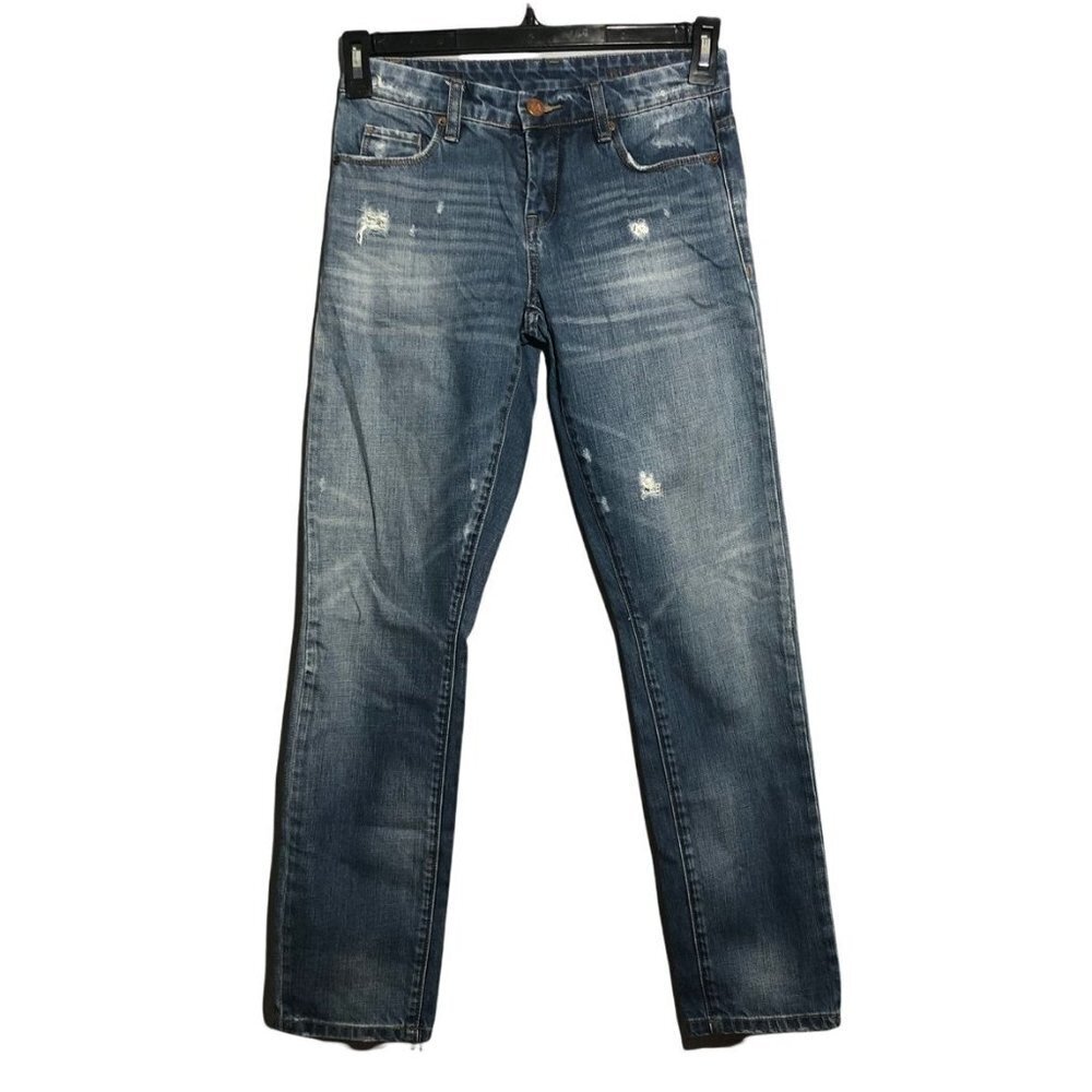 BlankNYC Women Jeans Straight Size 24 Blue Distress Fade Rip Torn Hole Stretchy